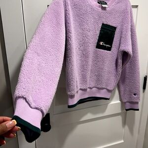 EC Champion Purple Fuzzy Sweater with Green Elbow Patches
